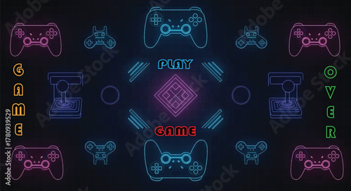 Neon glowing game controllers and retro arcade joysticks with 'PLAY GAME' and 'GAME OVER' text on a dark background, representing a gaming theme.