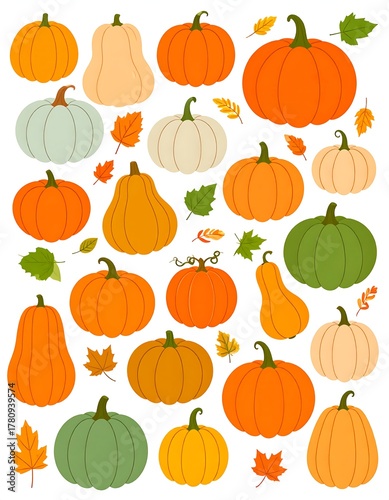 Wallpaper Mural Assortment of colorful pumpkins and leaves on white background Torontodigital.ca