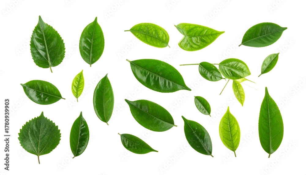 Fototapeta premium A collection of various green leaves, isolated on a white background