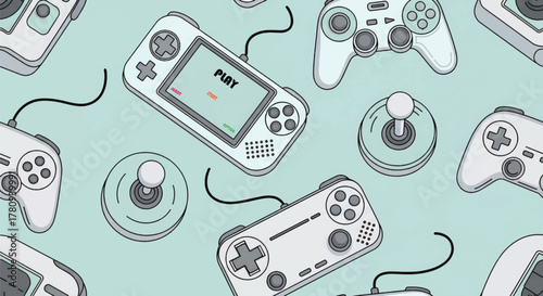 Retro gaming devices and controllers pattern on a light teal background, featuring handheld consoles, joysticks, and gamepads in a seamless illustration.