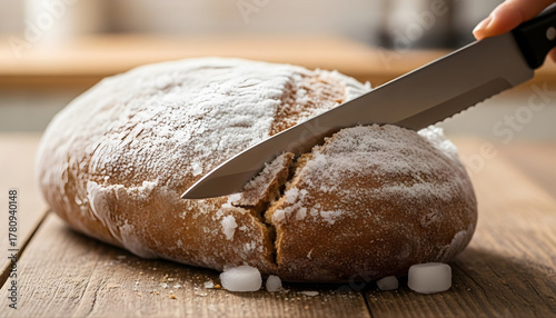 Freshly baked loaf of bread with knife on wooden board for breakfast
