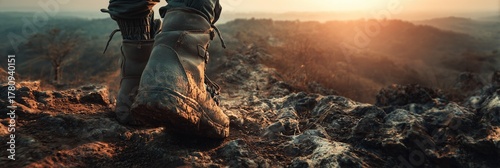 Muddy, well worn hiking boots rest on a rocky trail, hinting at long journeys and outdoor adventures. Resilience, exploration, and nature rugged beauty.