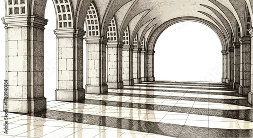 Vaulted gothic corridor with repeating arches, detailed architectural line drawing.