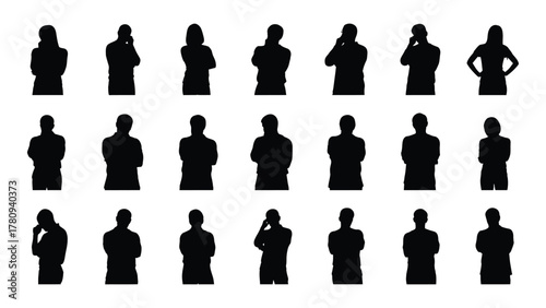 Collection of human silhouettes in various poses isolated on transparent background, Vector