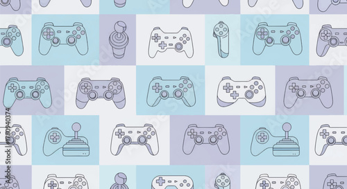Seamless pattern of various video game controllers and joysticks on a checkerboard background of light blue and purple squares.