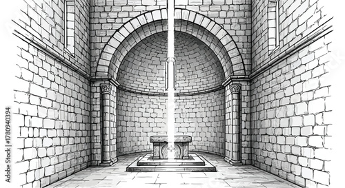 Stone courtyard fountain surrounded by arch walls, hand-drawn architectural illustration.