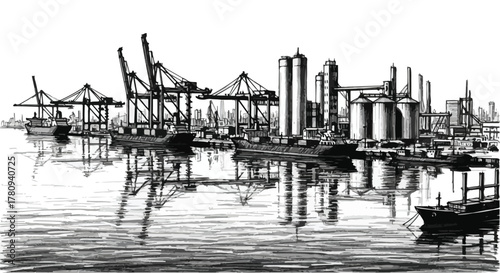 Industrial port with cranes and ships reflecting on water, realistic architectural sketch.