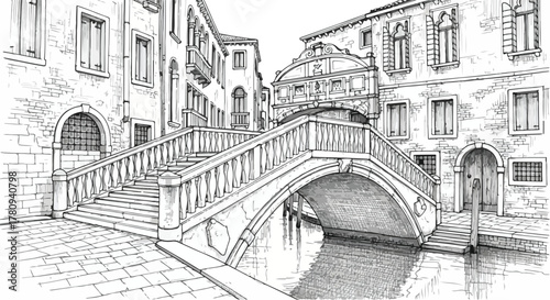 Venetian canal with bridge and buildings, detailed architectural line illustration.