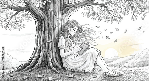 Girl sitting under tree with sunlight and leaves, peaceful hand-drawn landscape.