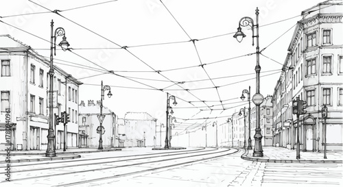 Empty tramway street in urban setting, linear perspective architectural sketch.