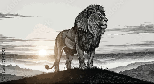 Lone lion standing on hill at sunrise, dramatic hand-drawn wildlife illustration.