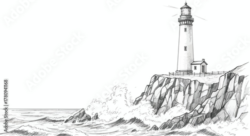 Lighthouse on rocky shore with crashing waves, architectural coastal illustration.
