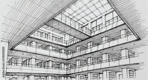 Modern office atrium with glass roof, geometric architectural line illustration.