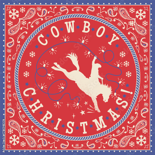 Western Christmas vector illustration with cowboy riding wild horse with the cheerful phrase “Yee Haw! Y’all Christmas!” in a vintage bandana frame. Decorated with stars, paisley patterns, and snowfla