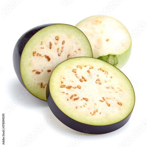 Fresh eggplant slices isolated on white background, a versatile and healthy vegetable
