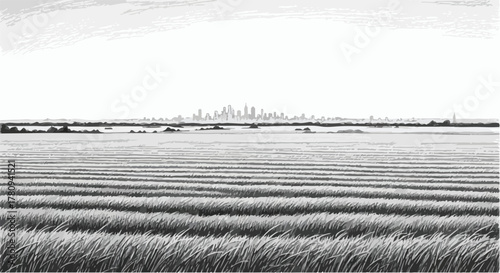 Wide agricultural landscape with distant skyline, minimal linear perspective drawing.