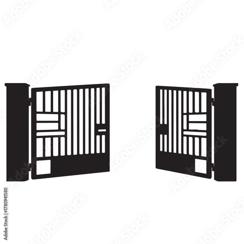 Black Silhouette of an Open Modern Gate with Decorative Panels