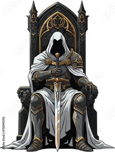 Mysterious warrior sits enthroned with mighty sword