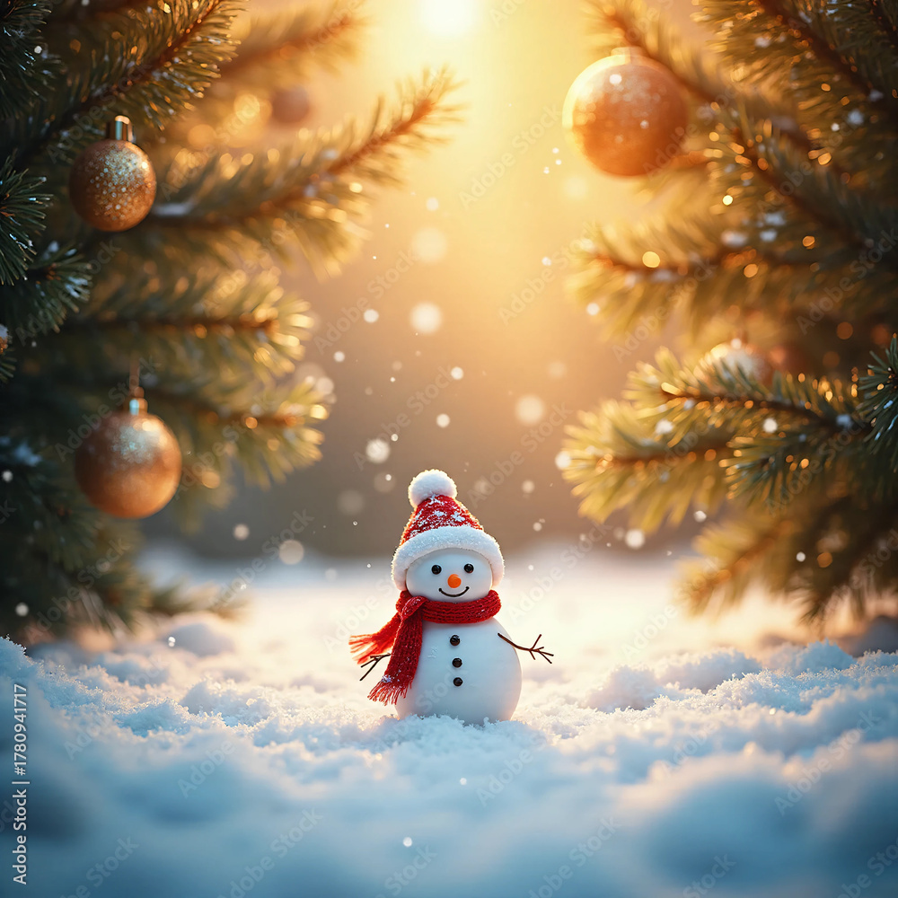 Obraz premium Snowman with Red Scarf Under Pine Branches and Hanging Christmas Baubles