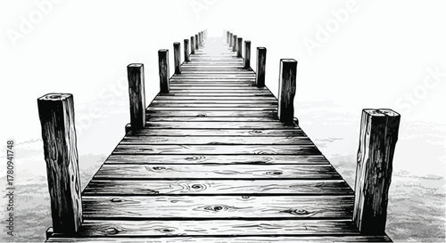 Wooden pier extending into calm water, minimalist perspective line illustration.