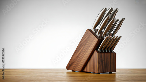 Contemporary kitchen knife set with multiple stainless steel blades stored securely in a dark wooden butcher block.