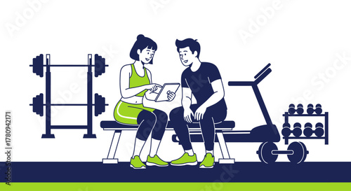 A female fitness trainer is showing a male client something on a tablet while sitting on a bench in a gym.