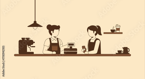 Minimalist illustration of two baristas working behind the counter in a modern coffee shop.