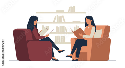 Two women reading books in comfortable armchairs, enjoying leisure time in a cozy library setting.