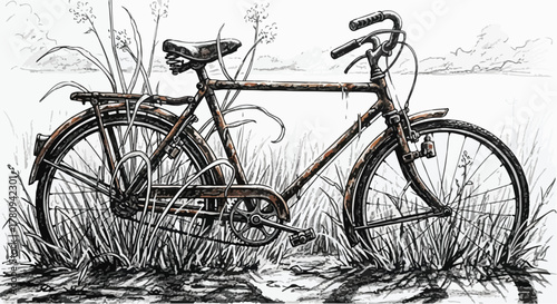 Vintage bicycle sketch on natural field, minimal outdoor line illustration.