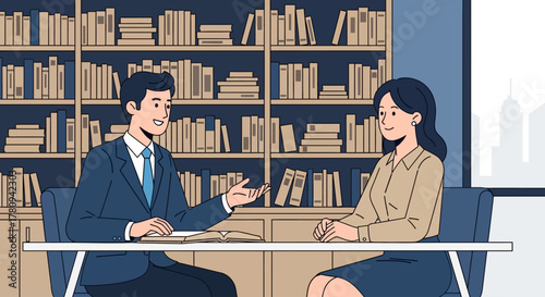 A professional man and woman having a business discussion or interview in an office with a large bookshelf.