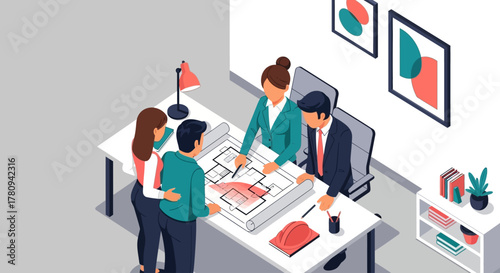Isometric illustration of a team of architects or business professionals discussing building plans in an office meeting.