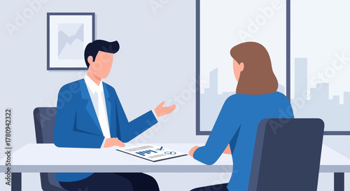 A business meeting takes place between a man and a woman at a desk in an office setting.