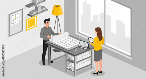 Two architects reviewing blueprints and using a tablet in a modern office setting.