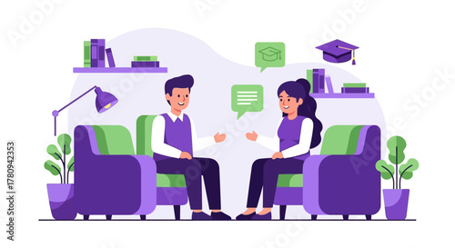 Illustration of a counseling session with two people sitting in armchairs, discussing and communicating.