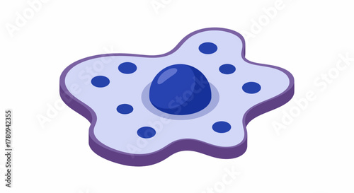 An isometric 3D vector illustration of a single irregularly shaped biological cell, featuring a prominent dark blue spherical nucleus and scattered organelles within a light purple cytoplasm