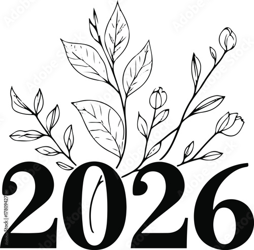 balanced composition of number 2026 integrated with natural elements like leaves, petals, and branches, minimalist black line art on white background