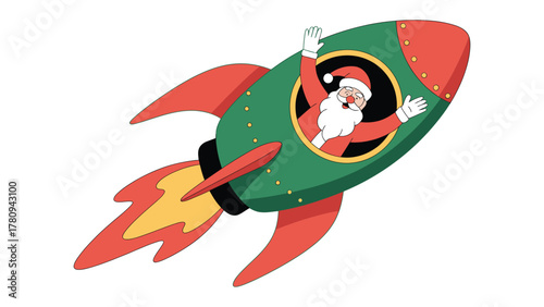 Santa's Rocket Adventure: A whimsical illustration depicts a jolly figure piloting a rocket ship, symbolizing holiday cheer and the boundless possibilities of travel and adventure.