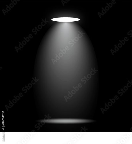 Realistic light spotlight beam shining brightly in a dark background with reflection on floor