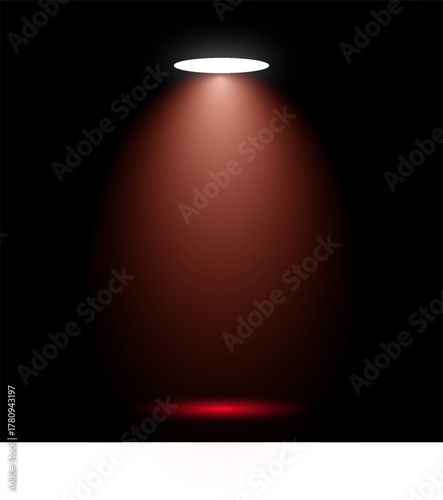 Realistic light spotlight beam shining brightly in a dark background with reflection on floor