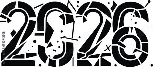 number 2026 drawn with broken abstract line segments and geometric fragments, minimal black outline vector on white background