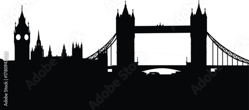 London skyline silhouette, Big Ben, Tower Bridge, UK landmarks, black architecture, travel illustration, iconic buildings, minimalist cityscape, historic England, tourism