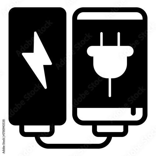 Smartphone with power bank solid icon, technology concept. Vector graphics. Portable device charging, energy sign on white background, style icon mobile or web design.