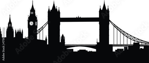 London skyline silhouette, Tower Briarchitecture, tourism, historic, iconic, British culture, cityscape, black and white, vector art, famous buildings, heritage, Europe, urban, illustration