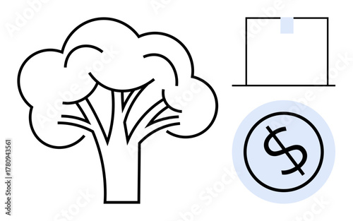 Broccoli outline paired with a dollar coin and a packaging box, emphasizing financial, ecological, and business aspects of food. Ideal for agriculture, economy, trade, health, sustainability