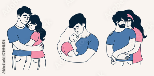 Loving Couples Hugging set. Cute Romantic Man and Woman. Minimalist Doodle drawing. Vector Illustration Isolated People on White Background