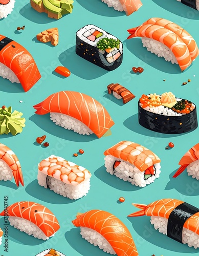 Wallpaper Mural Assortment of colorful sushi pieces on a uniform turquoise backdrop Torontodigital.ca
