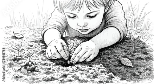 Pencil illustration of child planting a small seedling in soil, emotional conceptual drawing.