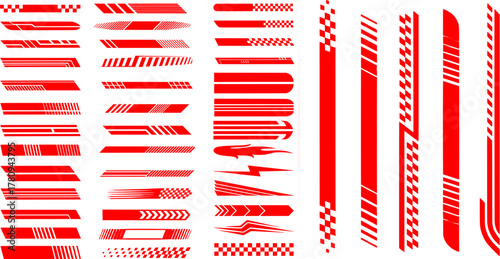 Set of red racing stripe graphic design elements. Automotive and speed decoration concept.