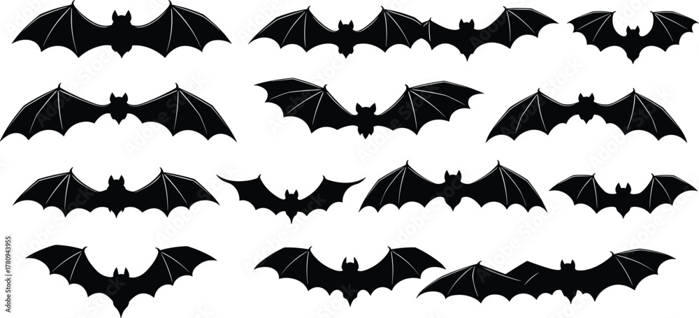 Fototapeta premium Set of black flying bat silhouettes with spread wings, spooky gothic animal icons for Halloween decoration, dark horror design, vector illustration