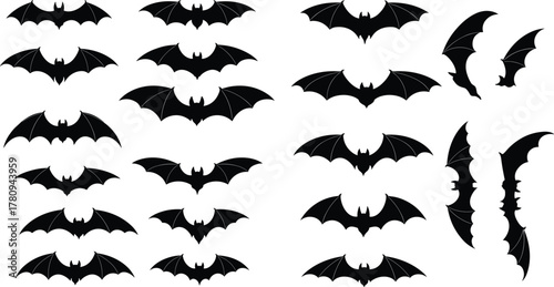 Set of flying bat silhouettes with different wing styles, spooky gothic animal icons for Halloween decoration, dark horror elements, isolated vector illustration